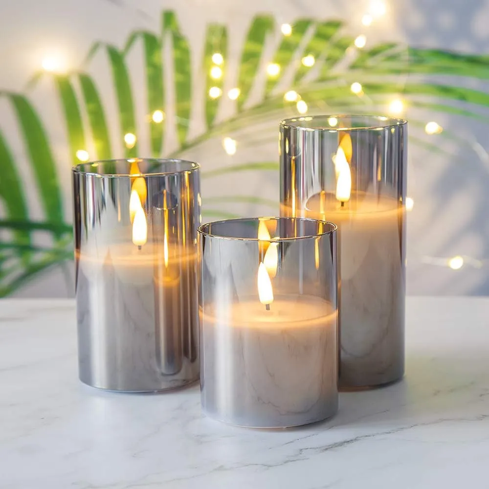 Eywamage Smoke Grey Glass Flameless Candles with Remote, Flickering Battery Operated LED Pillar Candles Set of 3, Home Decor