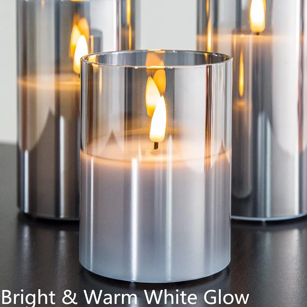 Eywamage Smoke Grey Glass Flameless Candles with Remote, Flickering Battery Operated LED Pillar Candles Set of 3, Home Decor
