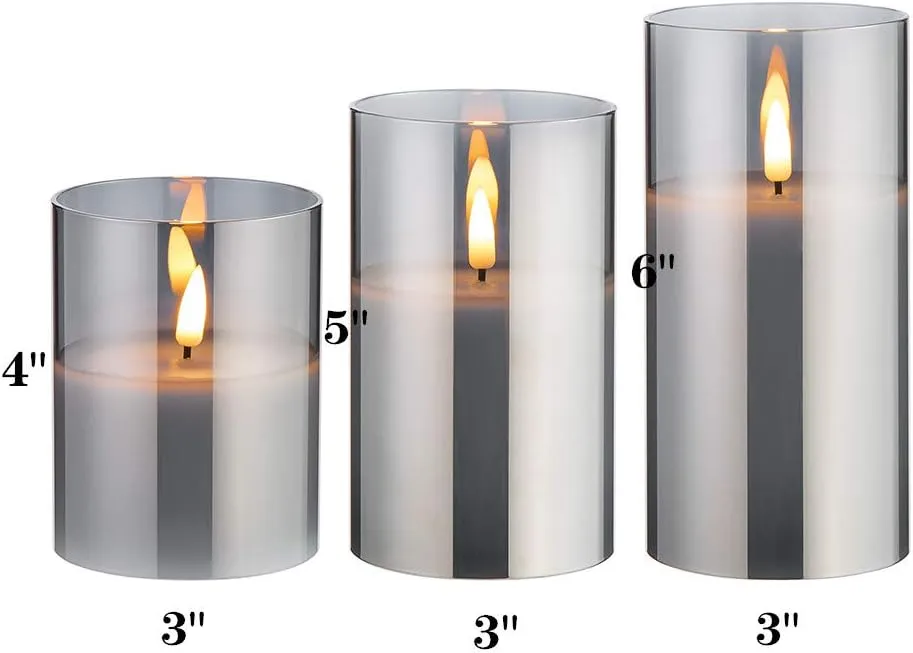 Eywamage Smoke Grey Glass Flameless Candles with Remote, Flickering Battery Operated LED Pillar Candles Set of 3, Home Decor