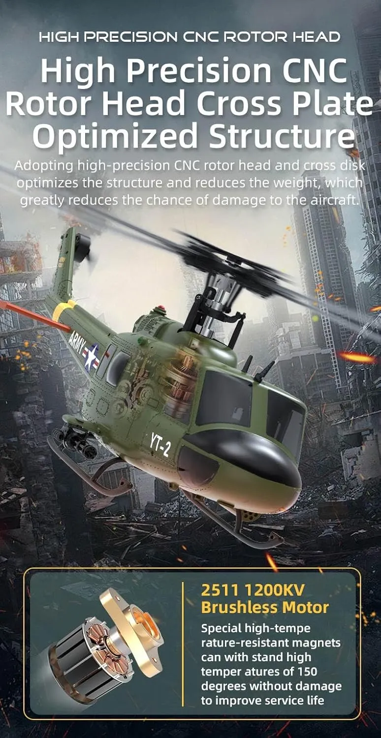 F07 Remote Control Helicopter with Optical Flow Positioning, 1/34 Scale UH-1 2.4G Brushless Direct-Drive 3D/6G Flybarless Airplanes Gift for Adults - RTF Version