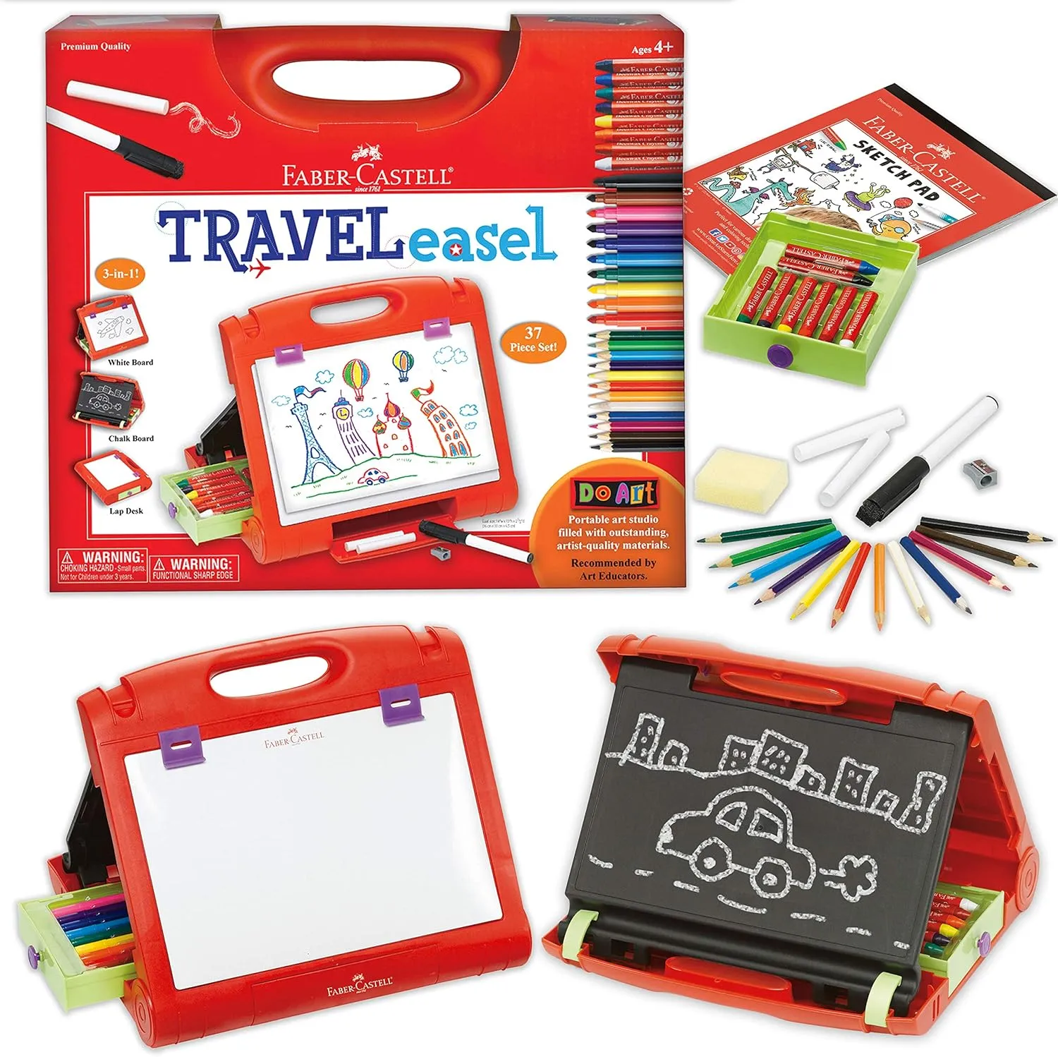 Faber-Castell Do-Art 3-in-1 Travel Easel - 30 Piece Tabletop Easel for Kids with Art Supplies, Multicolor