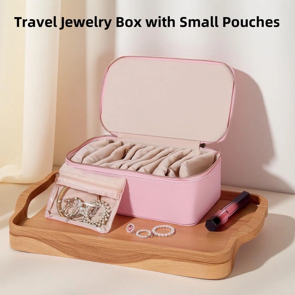 Familiarn Travel Jewelry Box with Small Pouches, PortablePU Leather Jewelry Organizer Box,with 12-piece set in Separate Bags, for Rings, Earrings, Necklaces (Beige)