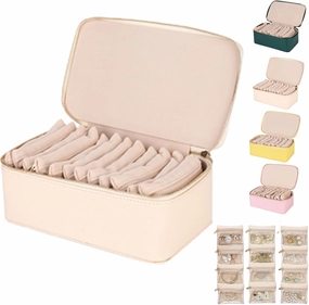Familiarn Travel Jewelry Box with Small Pouches, PortablePU Leather Jewelry Organizer Box,with 12-piece set in Separate Bags, for Rings, Earrings, Necklaces (Beige)