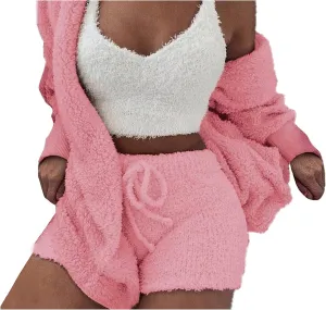 Famnbro Women's Sexy Fuzzy 3 Piece Outfits Fleece Warm Hooded Cardigan Crop Top Shorts Set Pajamas Loungewear