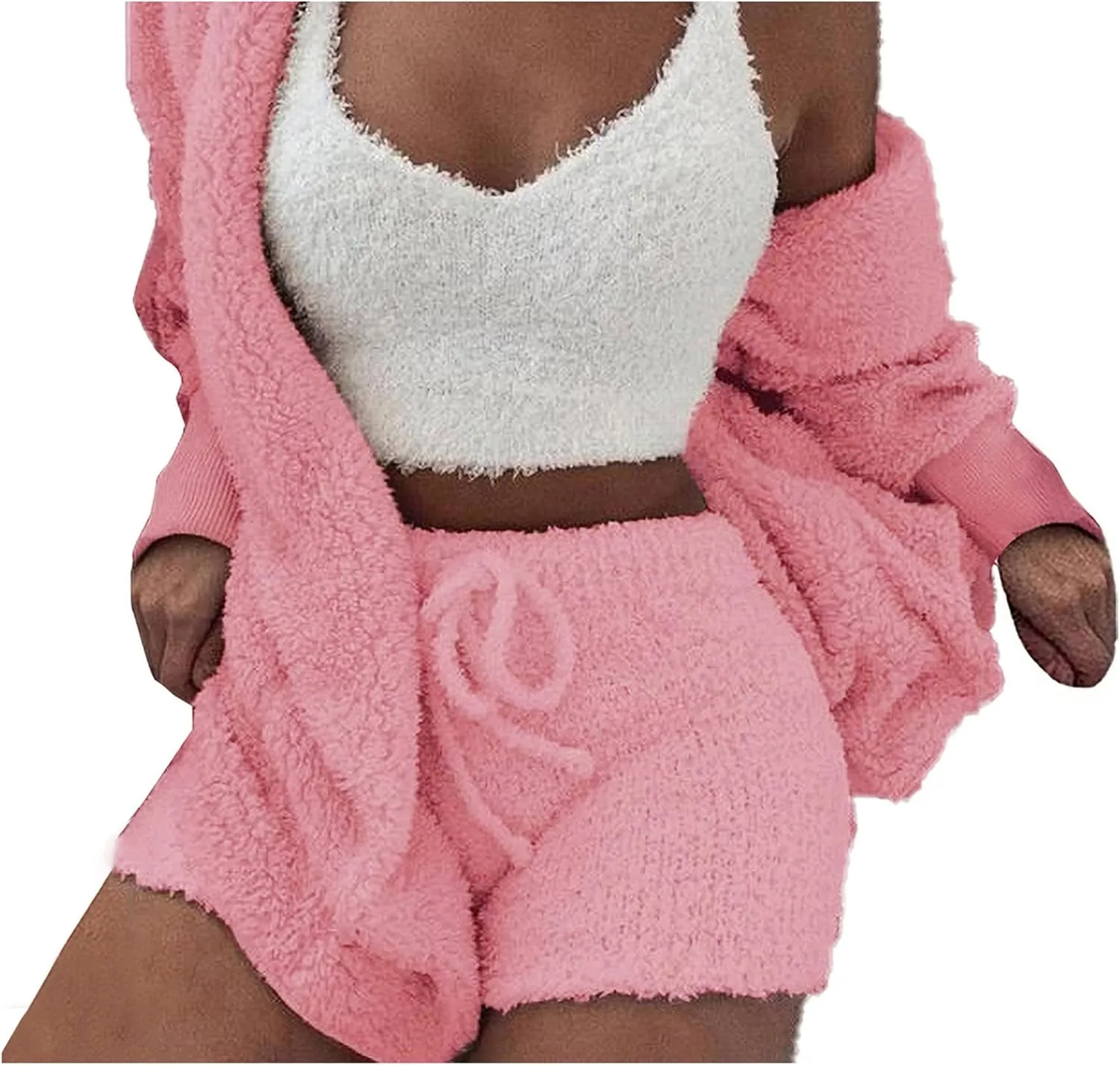 Famnbro Women's Sexy Fuzzy 3 Piece Outfits Fleece Warm Hooded Cardigan Crop Top Shorts Set Pajamas Loungewear
