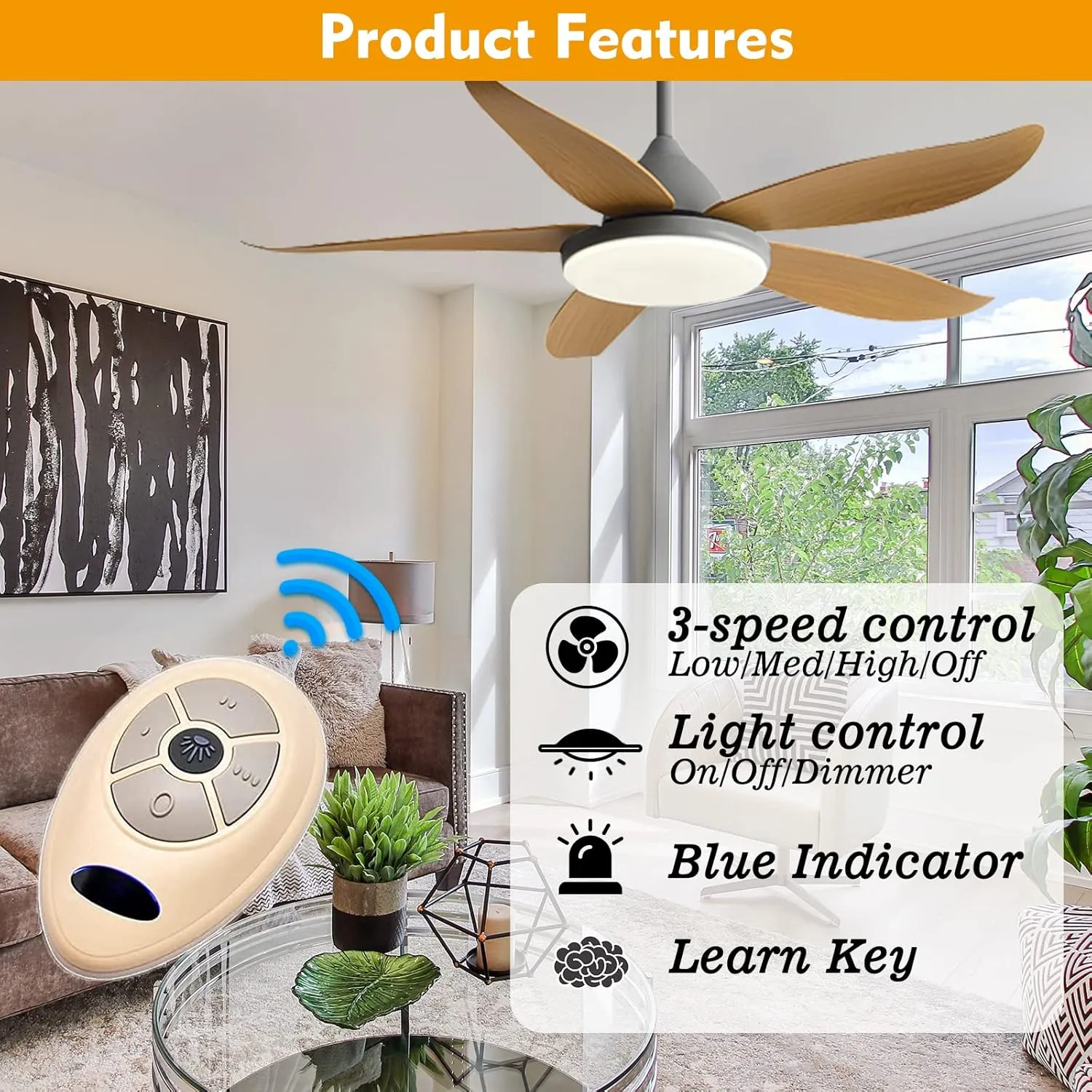FAN35T Ceiling Fan Remote Control Replacement for Allen Roth, Kichler, 3-Speed, Light Dimmer, Learn Key, 303.9MHz,with Wall Holder,Easy to Program