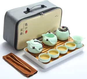 fanquare Portable Travel Tea Set, Handmade Kungfu Teapot, Porcelain Teacups, Bamboo Tea Tray with Travel Bag, Green