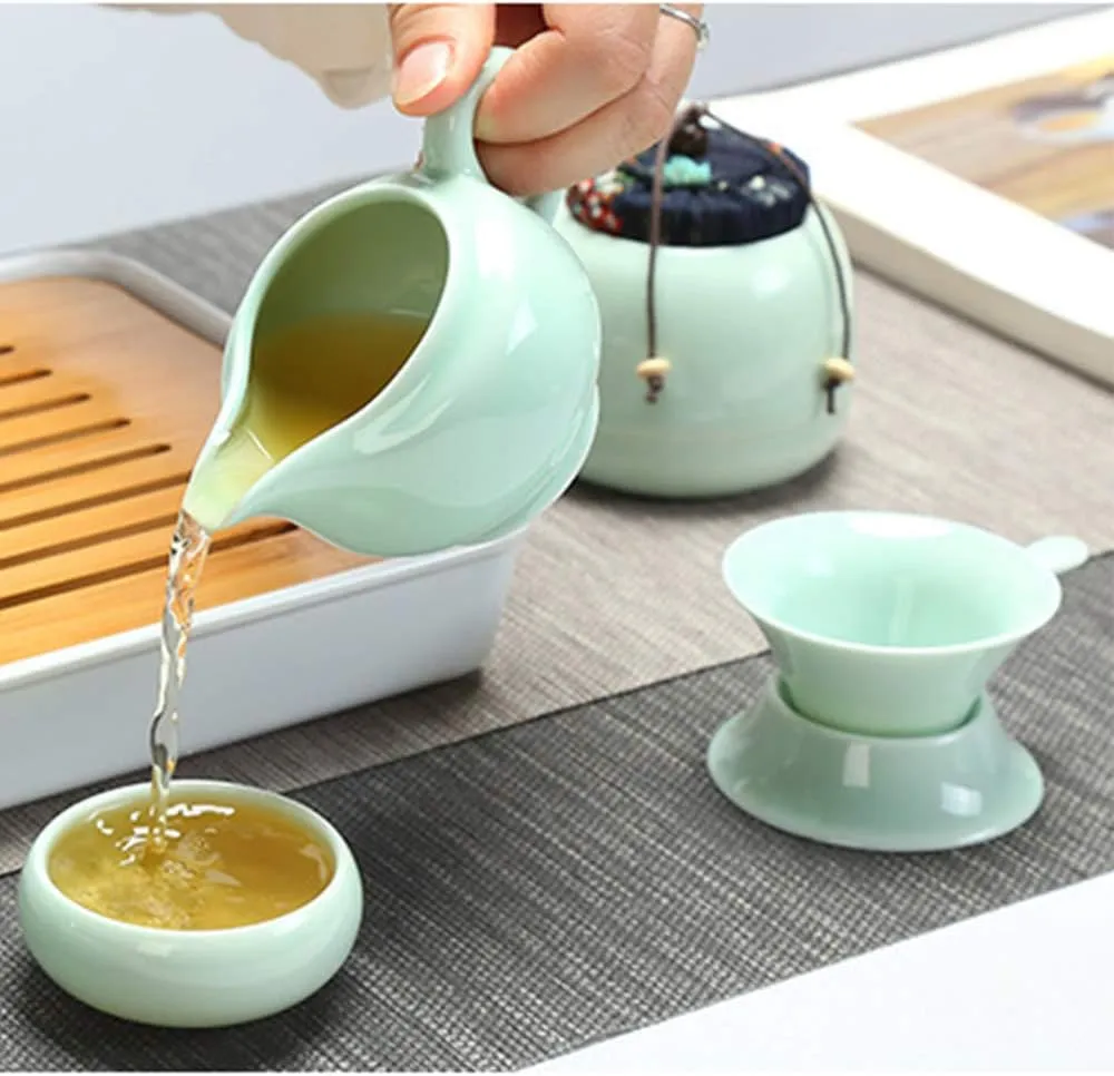 fanquare Portable Travel Tea Set, Handmade Kungfu Teapot, Porcelain Teacups, Bamboo Tea Tray with Travel Bag, Green