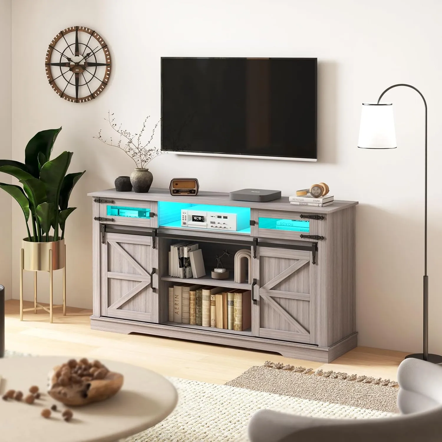 Farmhouse TV Stand with LED Lights for 65  Inch TV, 33" Tall Entertainment Center with Storage and Sliding Barn Doors, Media Console Cabinet with Open Storage Shelves for Living Room