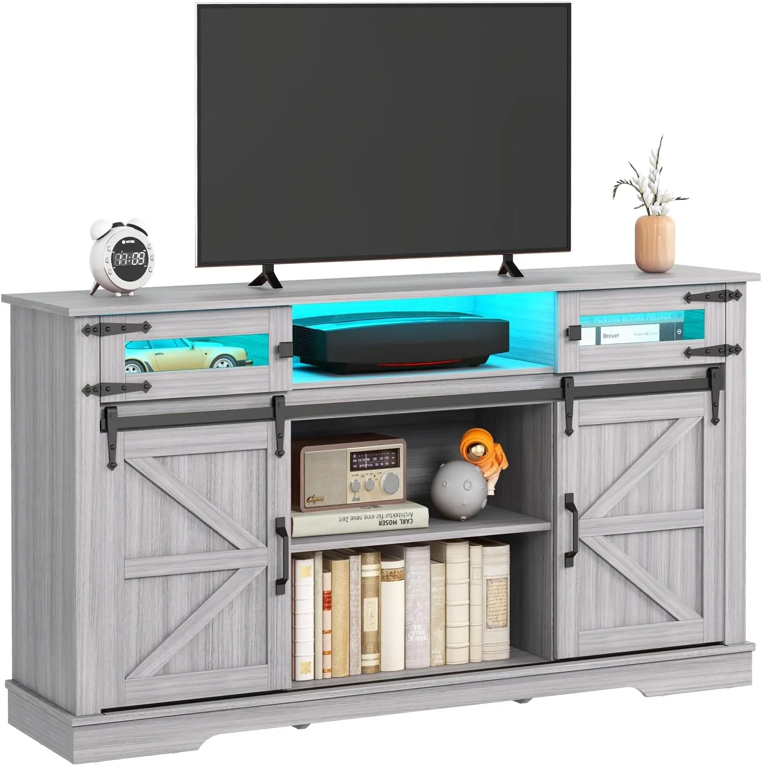 Farmhouse TV Stand with LED Lights for 65  Inch TV, 33" Tall Entertainment Center with Storage and Sliding Barn Doors, Media Console Cabinet with Open Storage Shelves for Living Room