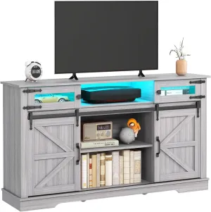 Farmhouse TV Stand with LED Lights for 65  Inch TV, 33" Tall Entertainment Center with Storage and Sliding Barn Doors, Media Console Cabinet with Open Storage Shelves for Living Room