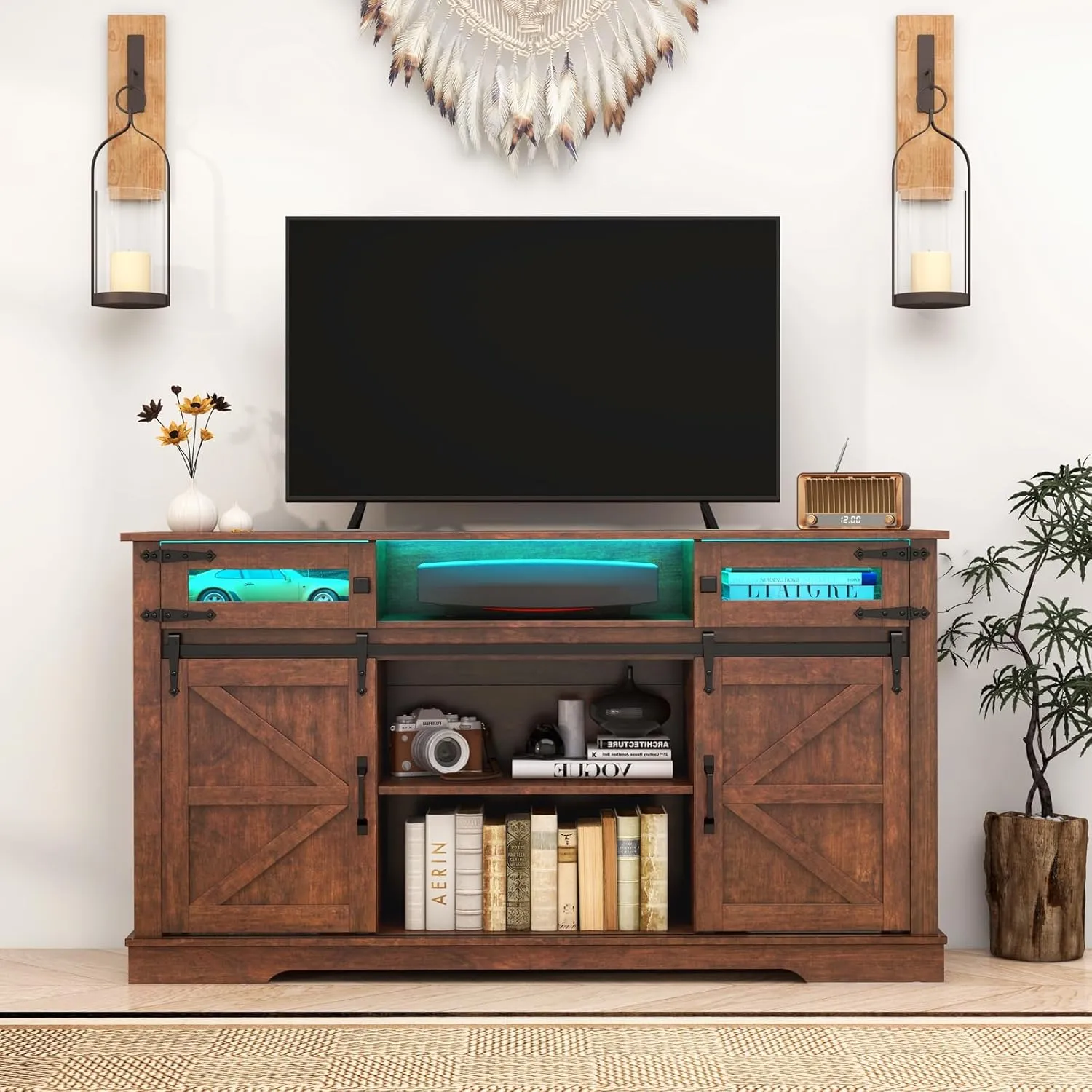 Farmhouse TV Stand with LED Lights for 65  Inch TV, 33" Tall Entertainment Center with Storage Cabinet & Sliding Barn Doors, Media Console Cabinet with Open Storage Shelves for Living Room