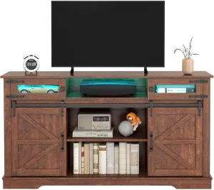 Farmhouse TV Stand with LED Lights for 65  Inch TV, 33" Tall Entertainment Center with Storage Cabinet & Sliding Barn Doors, Media Console Cabinet with Open Storage Shelves for Living Room