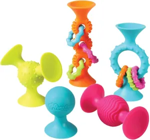 Fat Brain Toys PipSquigz Combo Set - 2 PipSquigz Loops, 3 Rattling Pip Squigz, Zippered Storage Case -BPA-Free Silicone Fidget Toys for Girls and Boys