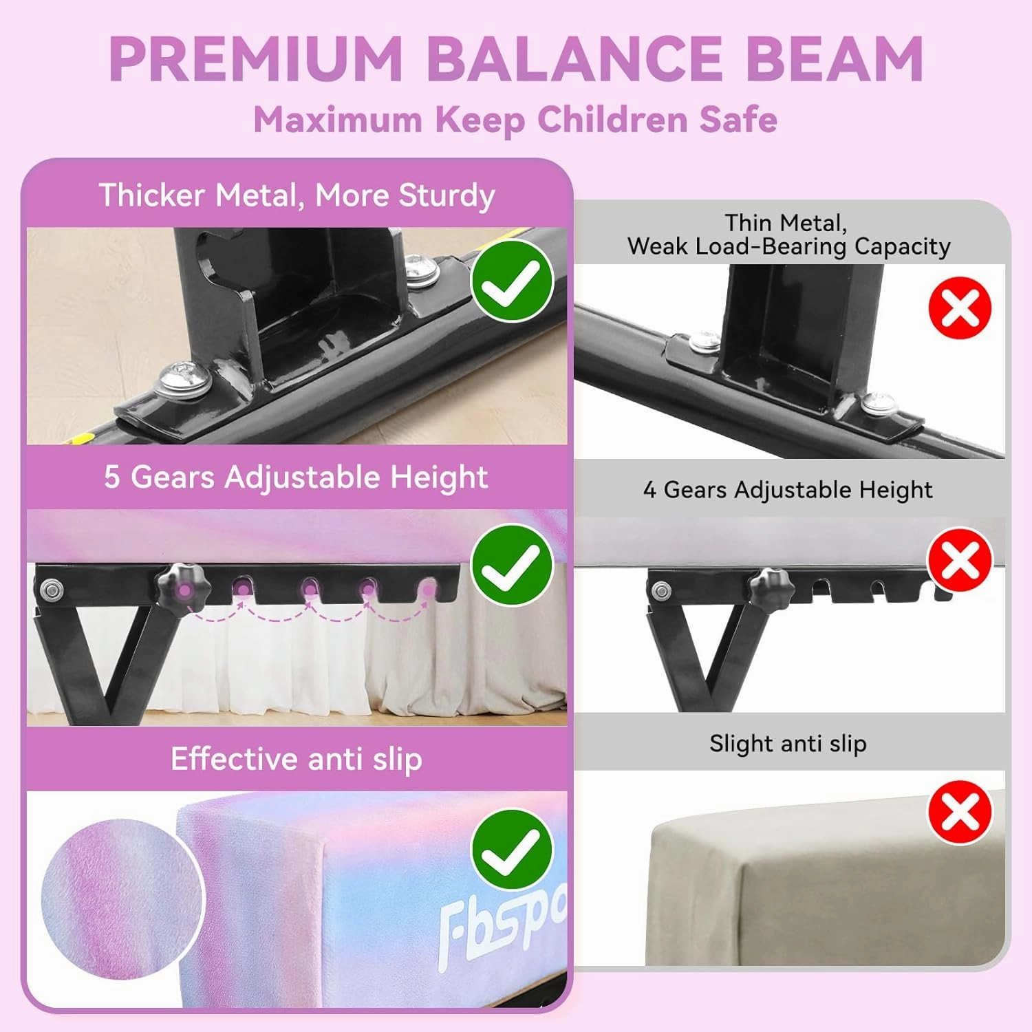 FBSPORT 8ft Adjustable Balance Beam: High and Low Floor Beam Gymnastics Equipment for Kids/Adults,Gymnastics Beam for Training,Practice, Physical Therapy and Professional Home Training with Legs