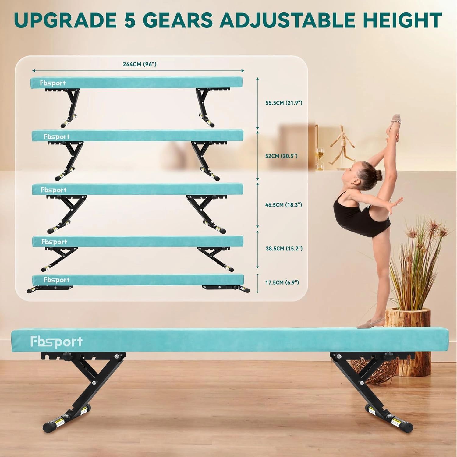 FBSPORT 8ft Adjustable Balance Beam: High and Low Floor Beam Gymnastics Equipment for Kids/Adults,Gymnastics Beam for Training,Practice, Physical Therapy and Professional Home Training with Legs