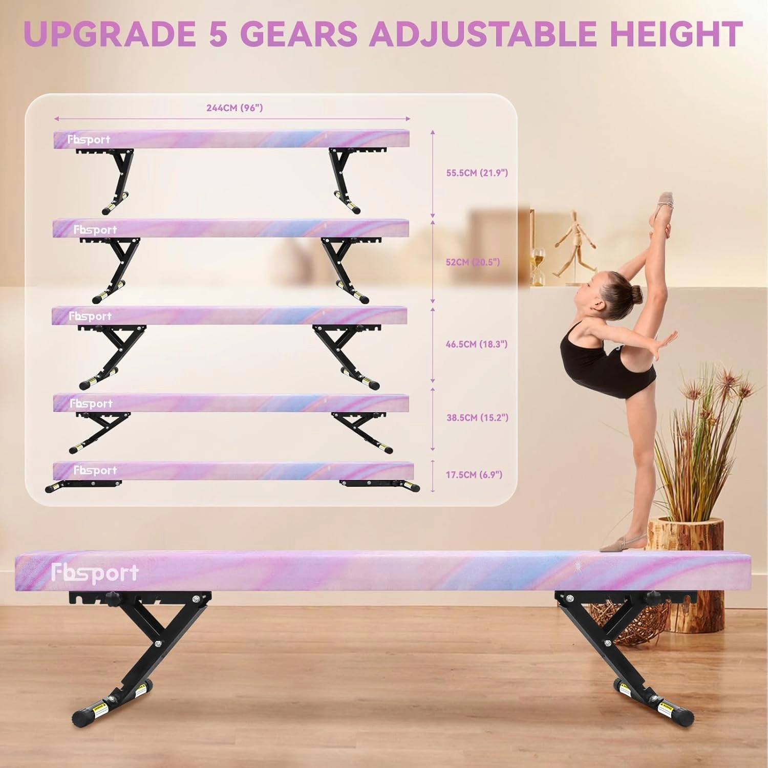 FBSPORT 8ft Adjustable Balance Beam: High and Low Floor Beam Gymnastics Equipment for Kids/Adults,Gymnastics Beam for Training,Practice, Physical Therapy and Professional Home Training with Legs