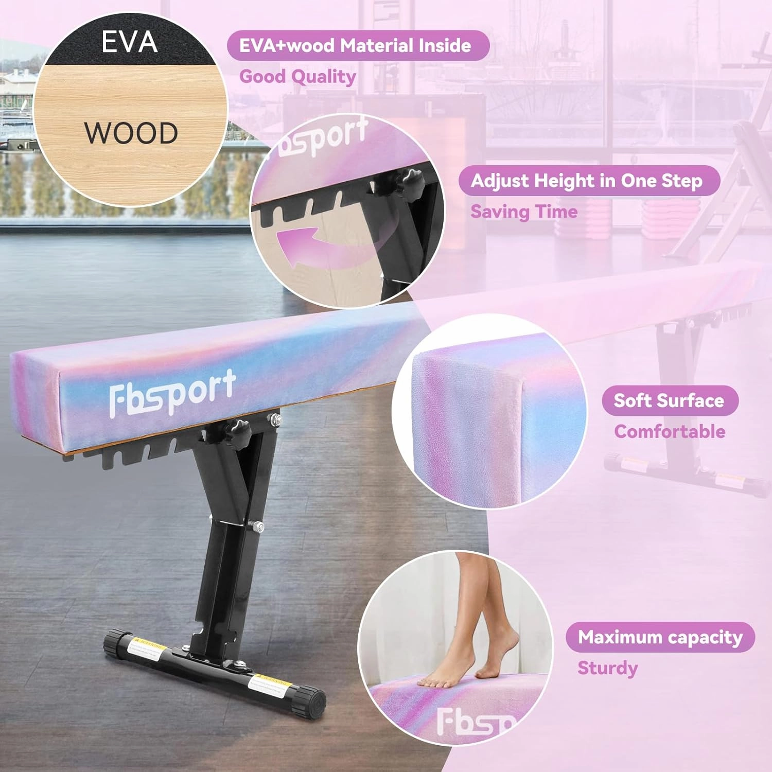 FBSPORT 8ft Adjustable Balance Beam: High and Low Floor Beam Gymnastics Equipment for Kids/Adults,Gymnastics Beam for Training,Practice, Physical Therapy and Professional Home Training with Legs