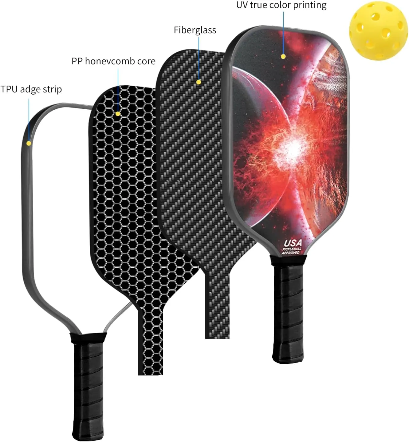 Fiberglass Pickleball Paddles Set of 2 with 4 Indoor Outdoor Balls & 1 Pickleball Bag