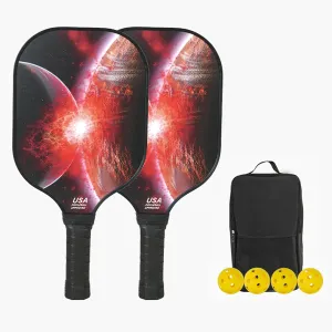 Fiberglass Pickleball Paddles Set of 2 with 4 Indoor Outdoor Balls & 1 Pickleball Bag