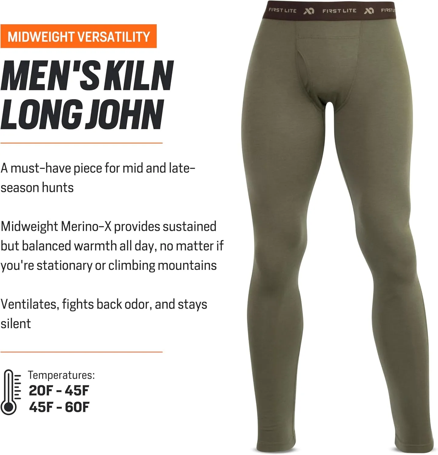 First Lite Men's Kiln Long John - Midweight Merino Wool Hunting Base Layer