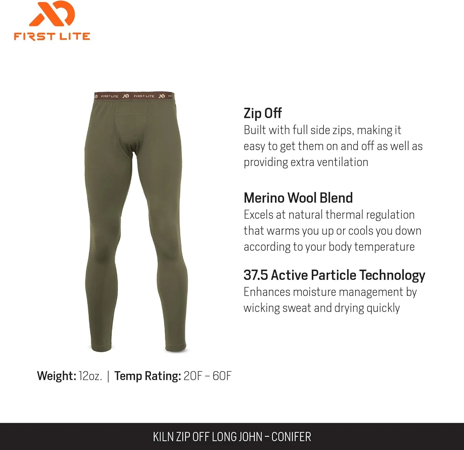 First Lite Men's Kiln Zip Off Long John - Midweight Merino Wool Hunting Base Layer