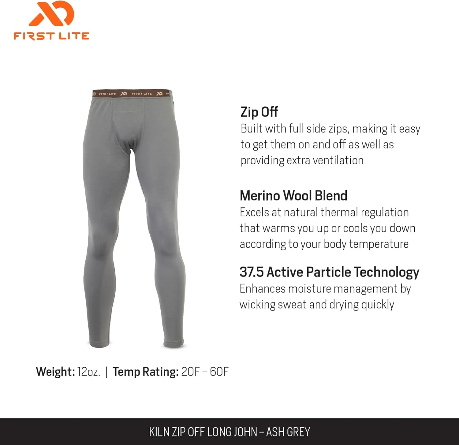 First Lite Men's Kiln Zip Off Long John - Midweight Merino Wool Hunting Base Layer