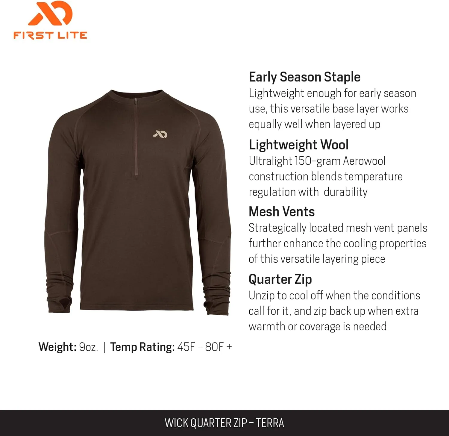 First Lite Men's Wick Quarter Zip - Ultralight Merino Wool Camo Hunting Baselayer