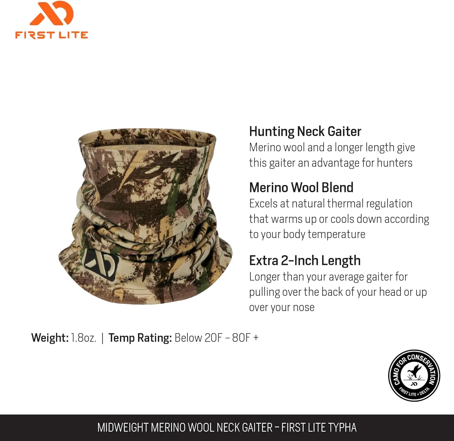 First Lite Midweight Merino Wool Neck Gaiter - Warm Camo Hunting Face Mask