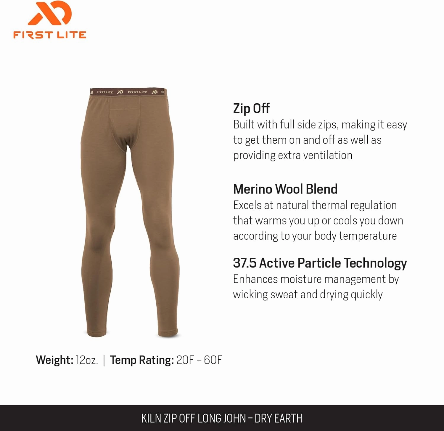 First Lite Men's Kiln Zip Off Long John - Midweight Merino Wool Hunting Base Layer