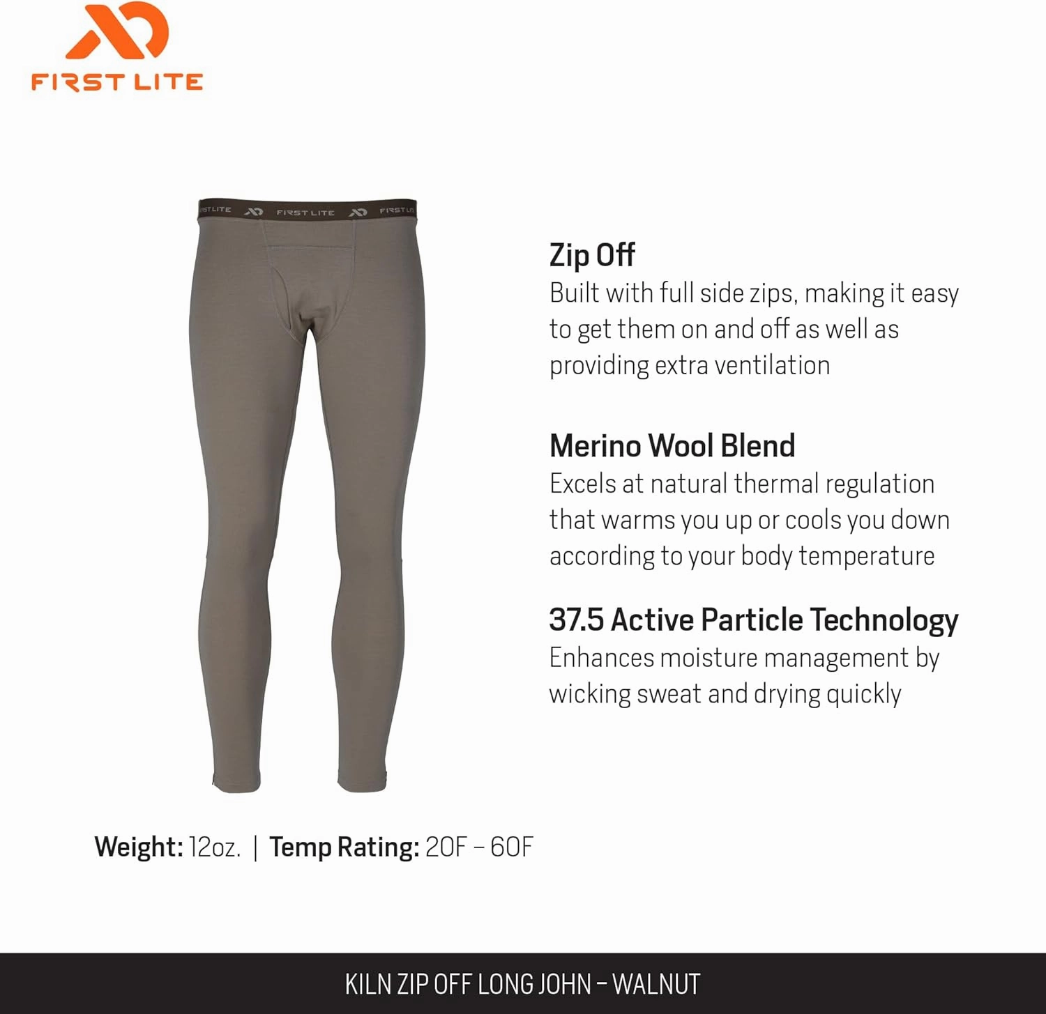 First Lite Men's Kiln Zip Off Long John - Midweight Merino Wool Hunting Base Layer