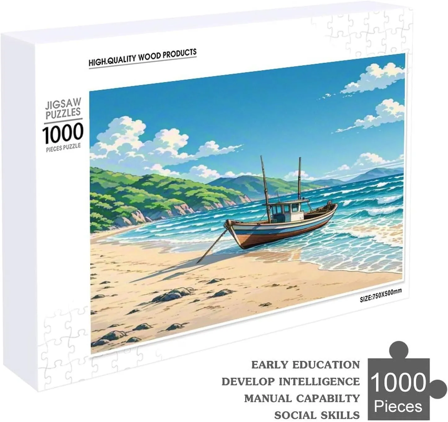Fishing Boat Seaside Anime 1000 Piece Wooden Puzzle for Adults Educational Intellectual Game for Men Women Family Kids Jigsaw Puzzles