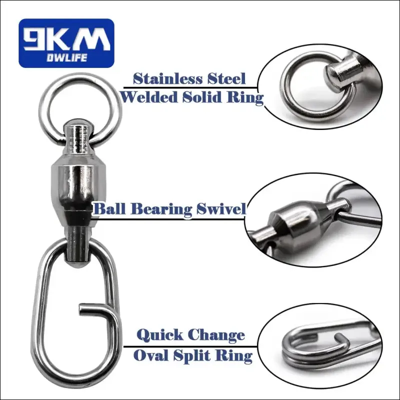 Fishing lure connectors: 9km dwlife ball bearing swivel stainless split ring (25~100pcs)