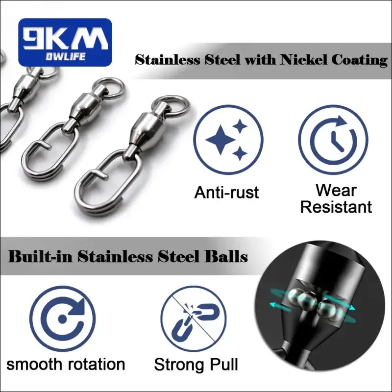 Fishing lure connectors: 9km dwlife ball bearing swivel stainless split ring (25~100pcs)