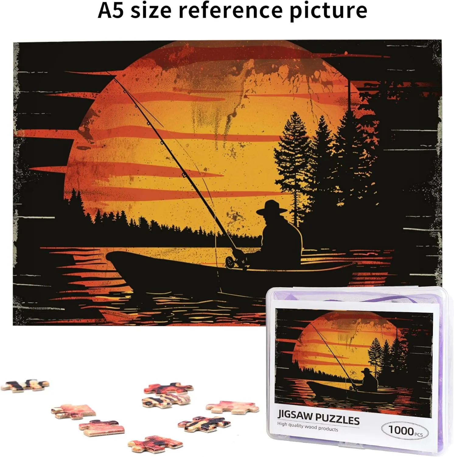 Fishing Man at Sunset 1000 Piece Wooden Puzzle,Unique and Beautiful Design,Classic Fishing Man at Sunset Puzzle,1000 Piece Jigsaw Puzzle for Adults Challenging Puzzle Perfect for Game Nights