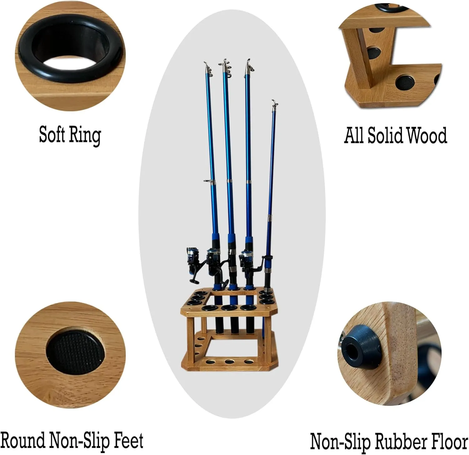 Fishing Rod Holders for Garage, Floor Stand Holds up to 12 Rods Wooden Fishing Gear Equipment Storage Organizer, Premium Fishing Pole Rack (NATURAL WOOD)