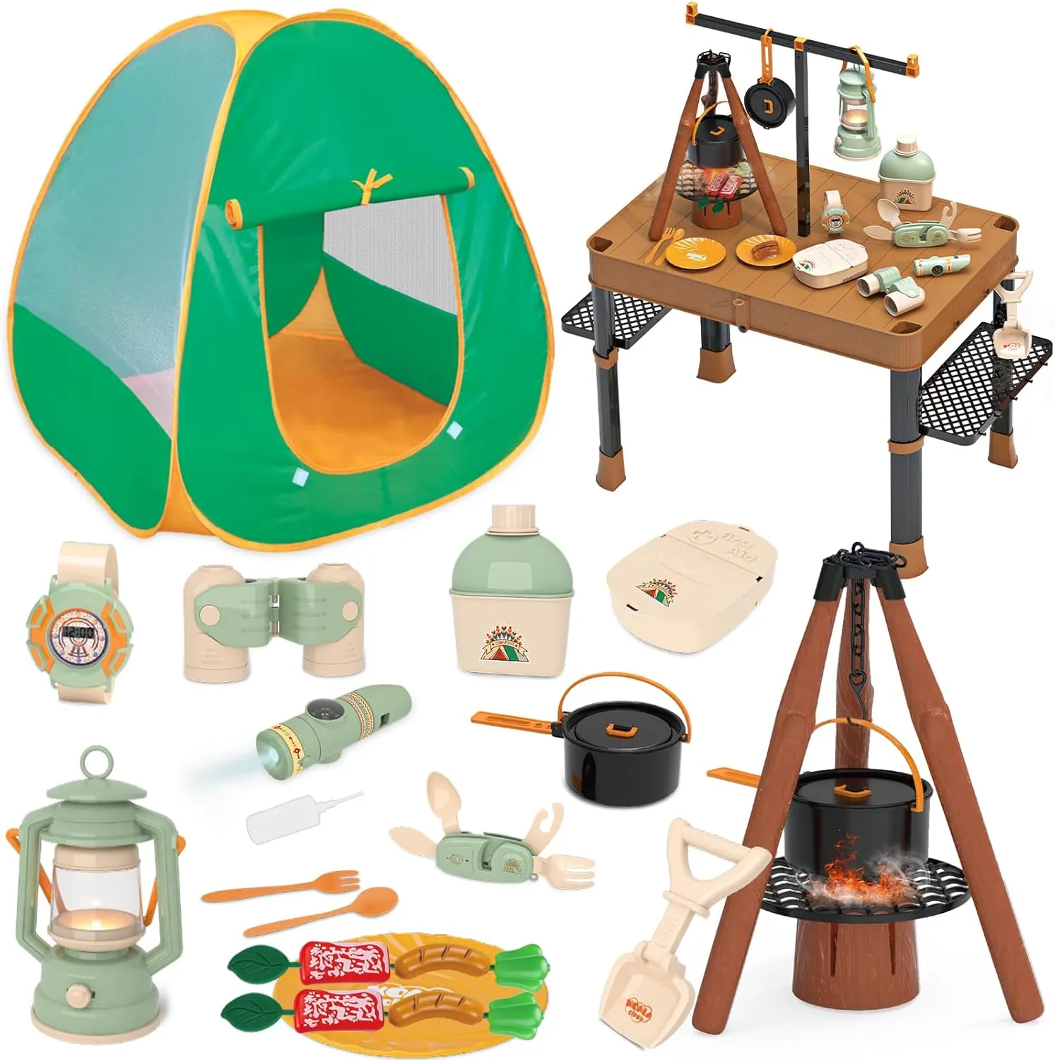 Fistone 50pcs Kids Camping Set with Folding Storage Table & Tent - Includes Projector Flashlight, Toddler Toys for Boys with Campfire, Pretend Play Camping Set with Food Toy, Ideal for Gift