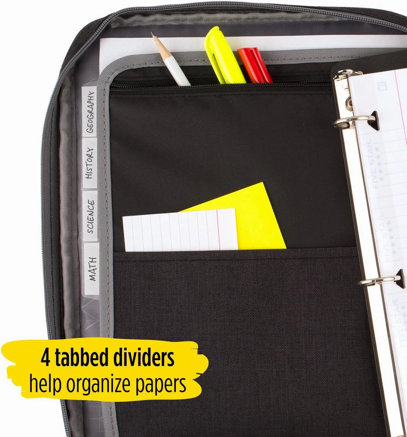 Five Star Zipper Binder, 1 Inch 3-Ring Binder with Round Rings, Carry-All with Pockets and 4-Tab Dividers, 375 Sheet Capacity, Black/Gray (29092IT8)