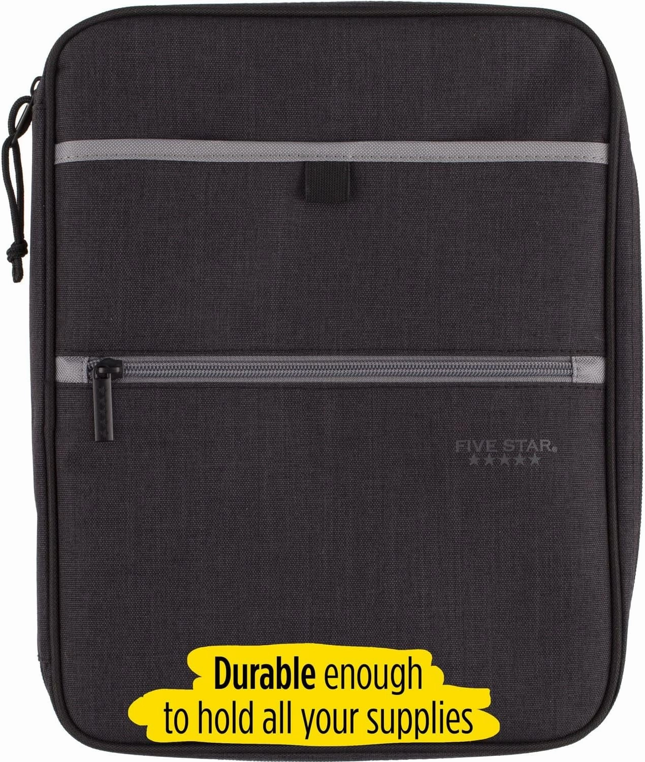 Five Star Zipper Binder, 1 Inch 3-Ring Binder with Round Rings, Carry-All with Pockets and 4-Tab Dividers, 375 Sheet Capacity, Black/Gray (29092IT8)