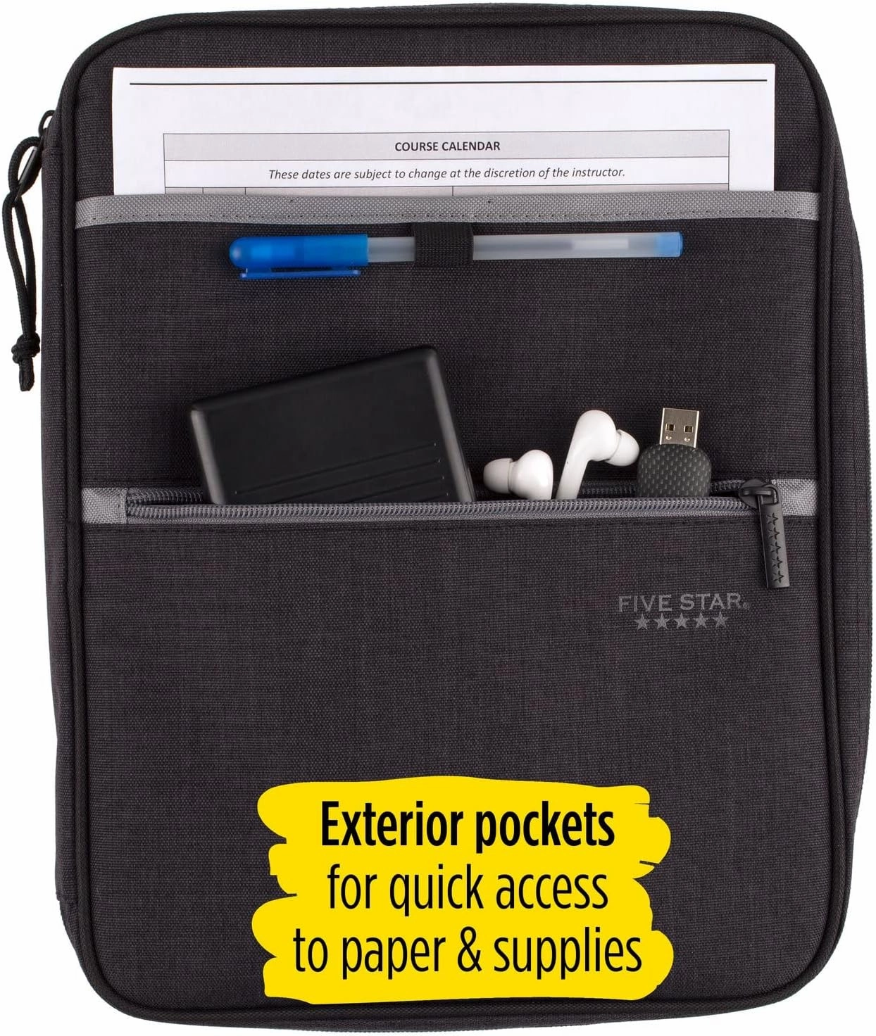 Five Star Zipper Binder, 1 Inch 3-Ring Binder with Round Rings, Carry-All with Pockets and 4-Tab Dividers, 375 Sheet Capacity, Black/Gray (29092IT8)