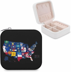 Flag Map of U.S. States and Territories Small Jewelry Box Travel Jewelry Case Mini Necklace Ring Storage Organizer for Women Gifts