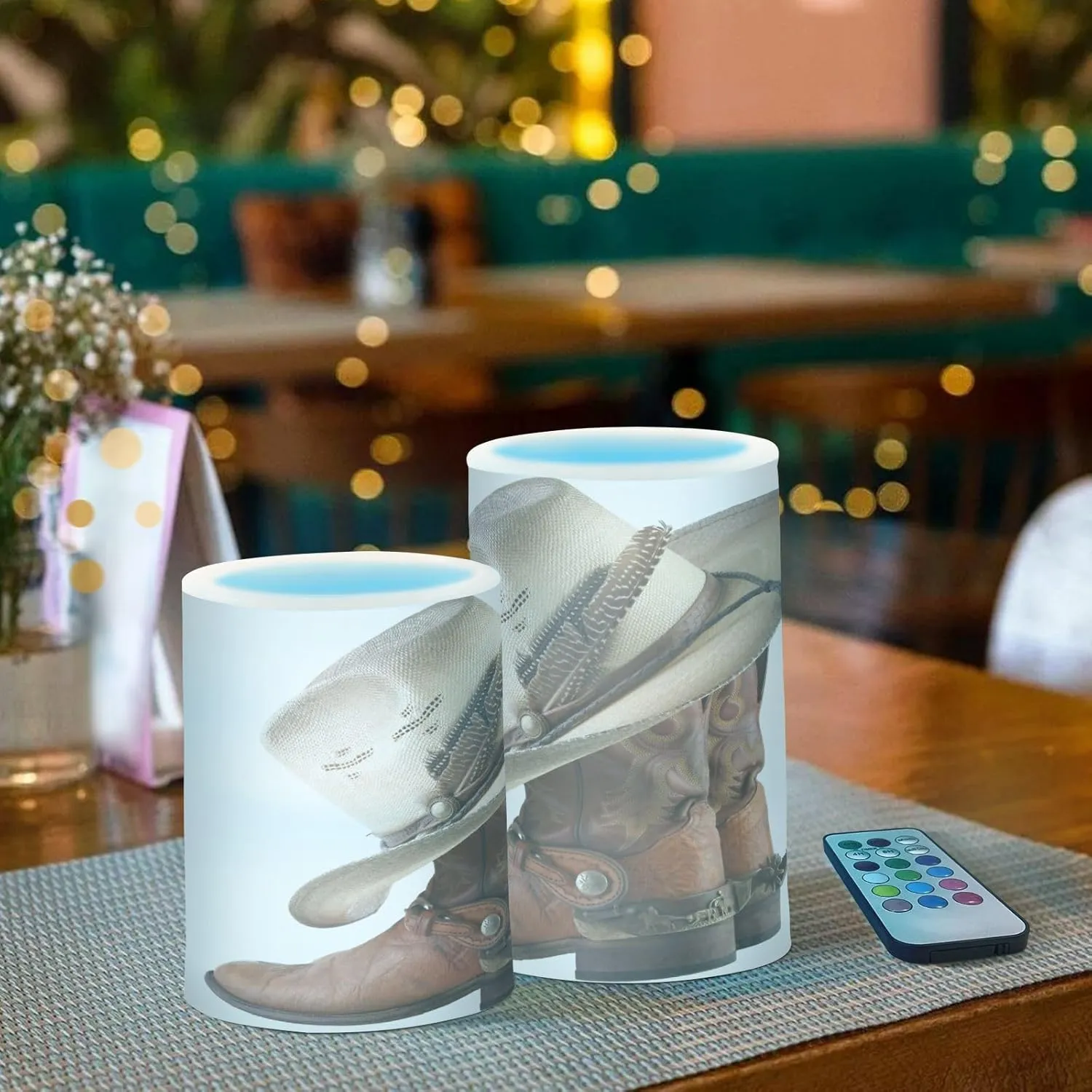 Flameless Candles with Remote and Timer Cowboy Hat Leather Boot Battery Operated Candles Set of 2 West Style Flickering Pillar Led Fake Candles for Halloween Christmas Wedding Decor