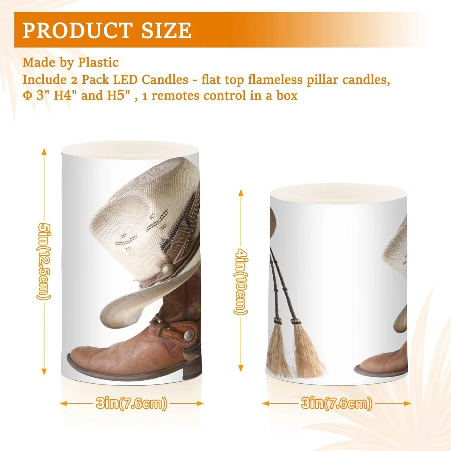 Flameless Candles with Remote and Timer Cowboy Hat Leather Boot Battery Operated Candles Set of 2 West Style Flickering Pillar Led Fake Candles for Halloween Christmas Wedding Decor