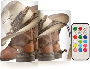 Flameless Candles with Remote and Timer Cowboy Hat Leather Boot Battery Operated Candles Set of 2 West Style Flickering Pillar Led Fake Candles for Halloween Christmas Wedding Decor