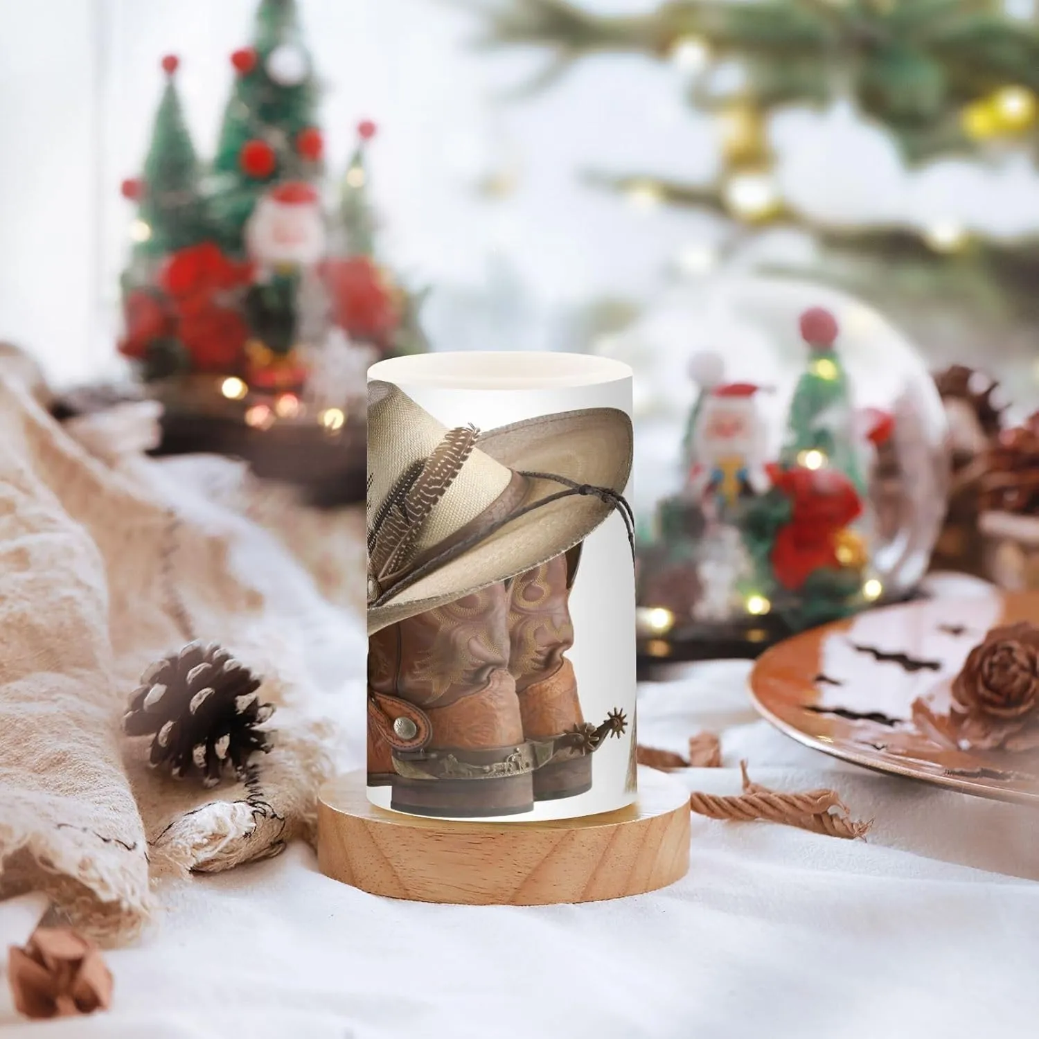 Flameless Candles with Remote and Timer Cowboy Hat Leather Boot Battery Operated Candles Set of 2 West Style Flickering Pillar Led Fake Candles for Halloween Christmas Wedding Decor