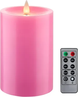 Flameless Pillar Candles Flickering with Remote Timer, Battery Operated LED Candles Up to 400 Hours, 3D Moving Flame Real Wax Candles, D4 x H6, Remote Included (Pink, 4in)
