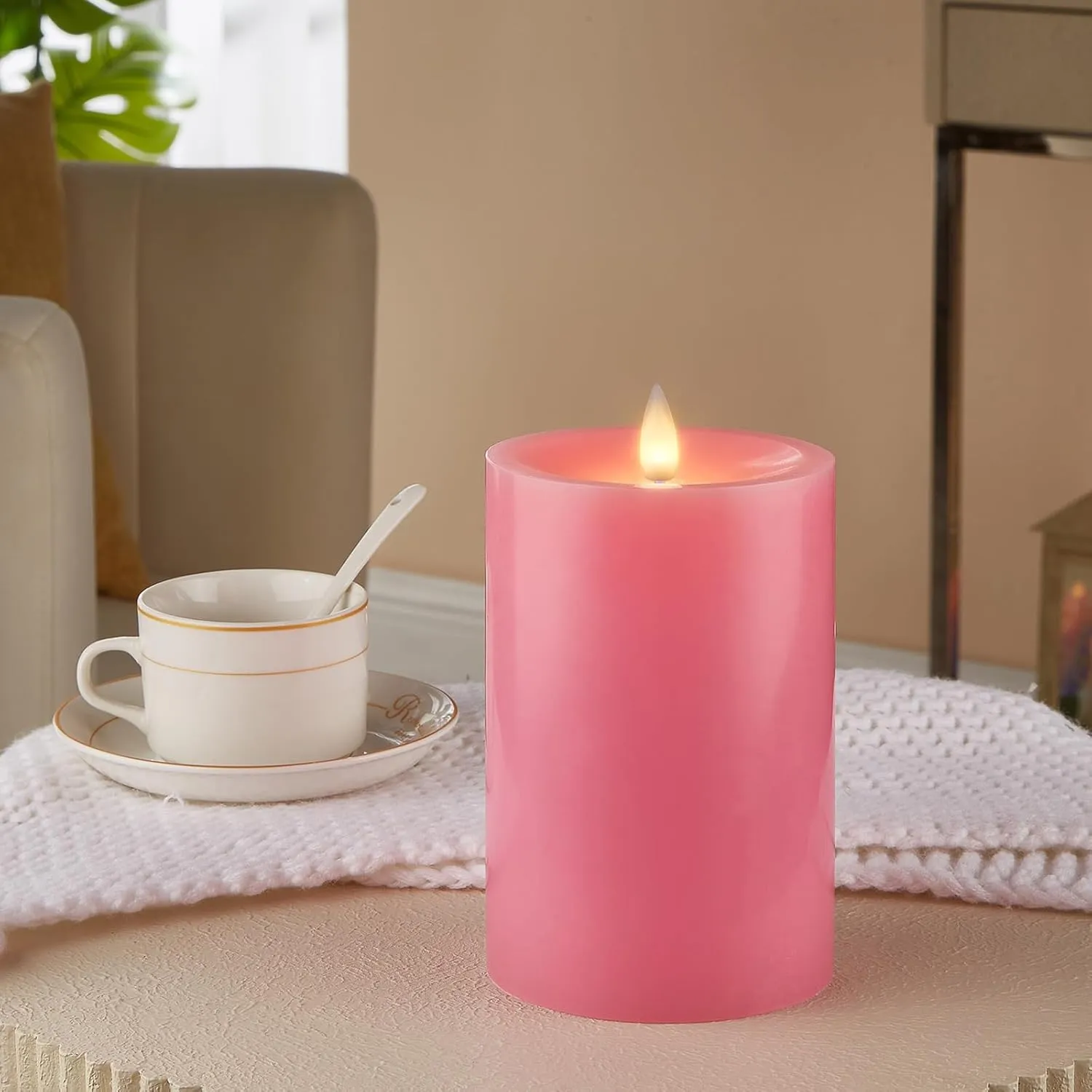 Flameless Pillar Candles Flickering with Remote Timer, Battery Operated LED Candles Up to 400 Hours, 3D Moving Flame Real Wax Candles, D4 x H6, Remote Included (Pink, 4in)