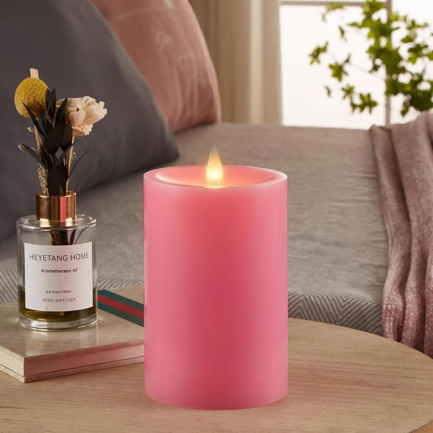 Flameless Pillar Candles Flickering with Remote Timer, Battery Operated LED Candles Up to 400 Hours, 3D Moving Flame Real Wax Candles, D4 x H6, Remote Included (Pink, 4in)
