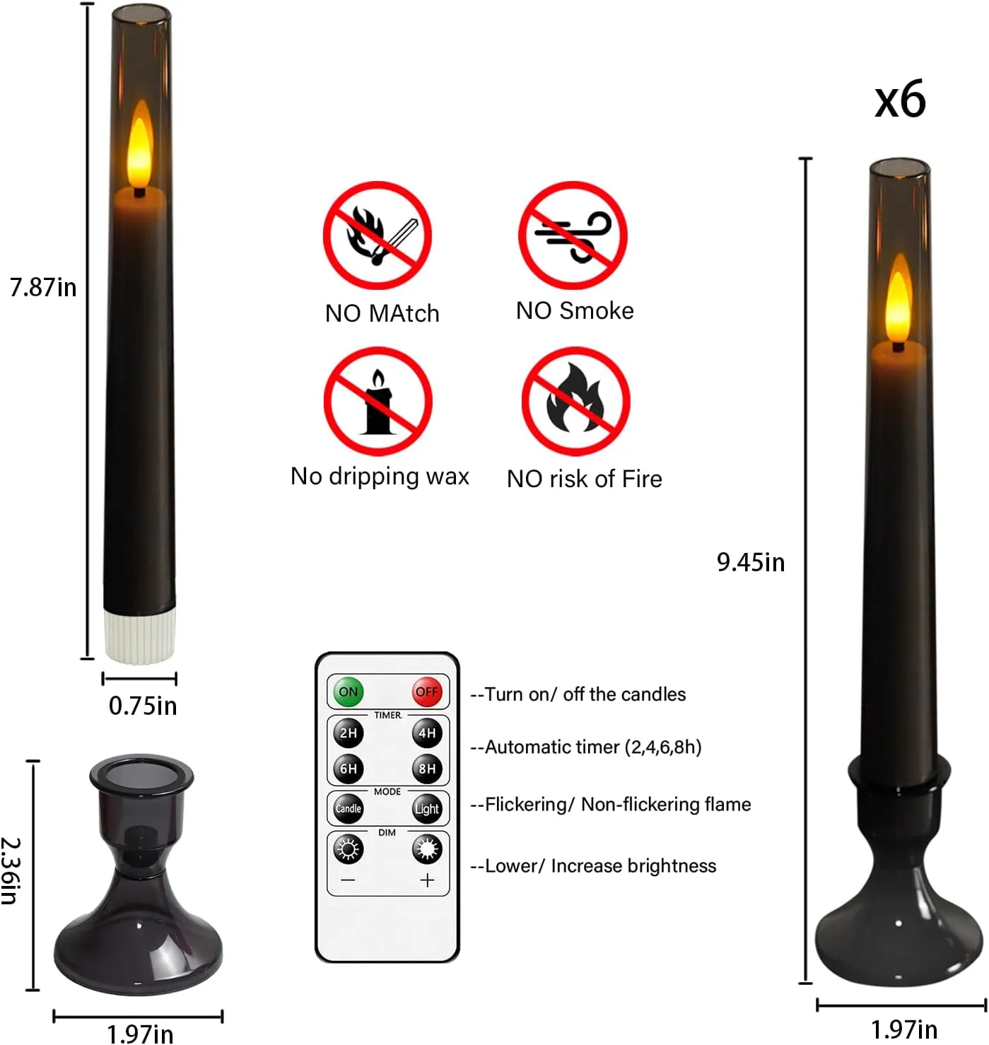 Flameless Taper Candles,with Remote and Timer Flickering Flameless Candles,6 Pack Led Candles,with Base Battery Operated Candles， Taper Candles for Home, Wedding, Party (Grey)