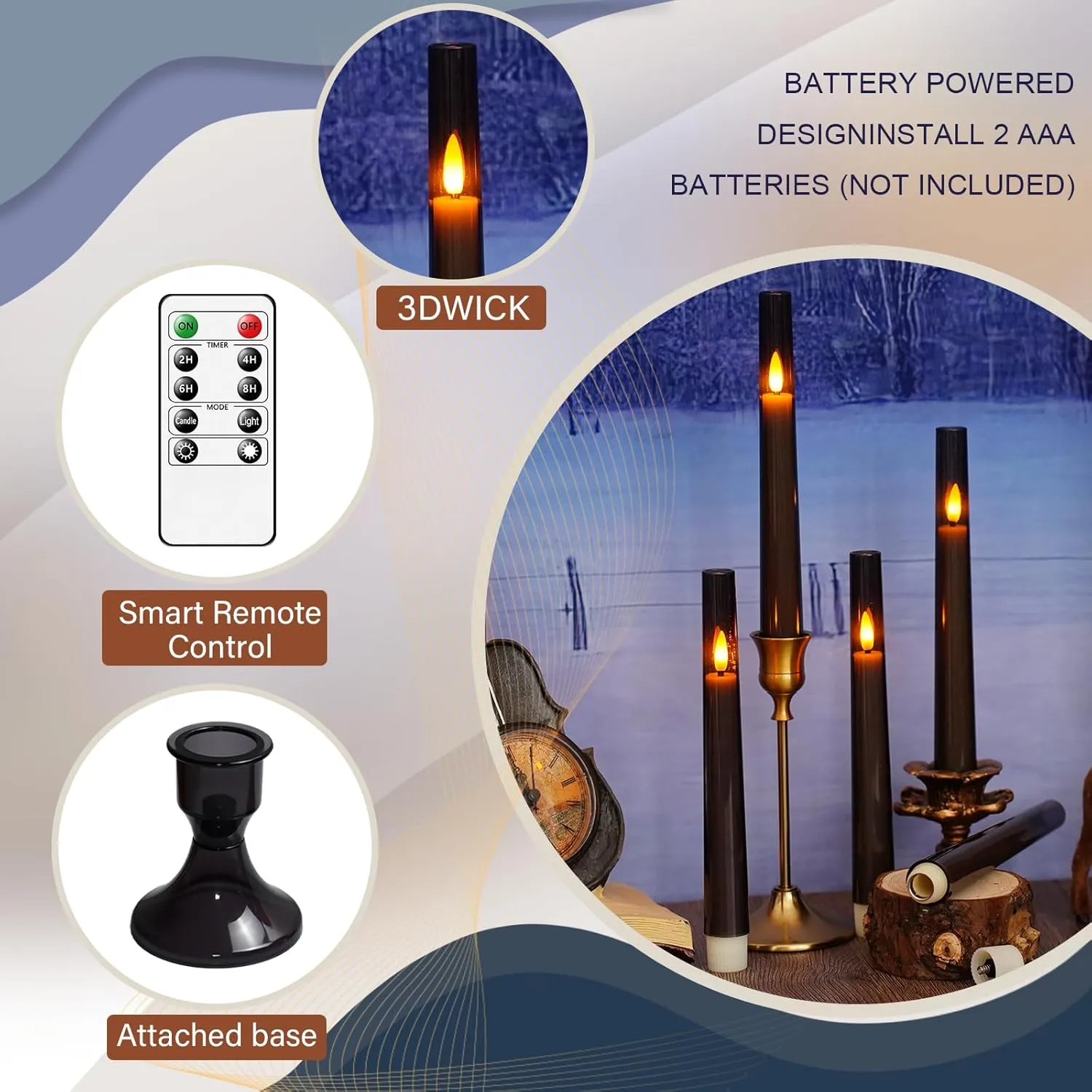 Flameless Taper Candles,with Remote and Timer Flickering Flameless Candles,6 Pack Led Candles,with Base Battery Operated Candles， Taper Candles for Home, Wedding, Party (Grey)